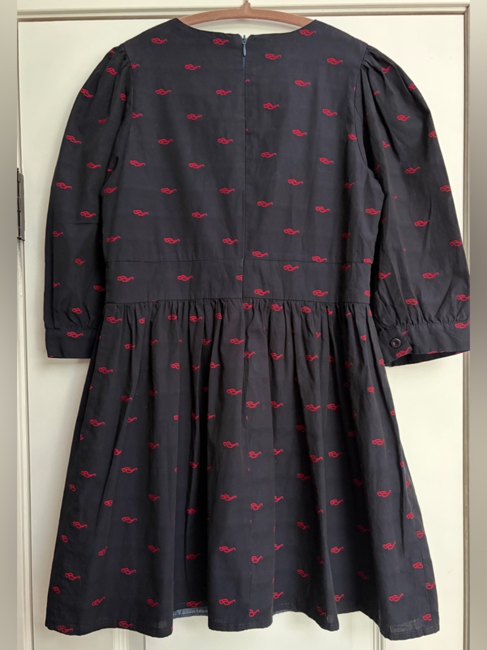 Kling Ladies Cotton Navy A-line Babydoll Dress Red Embroidered Glasses Sz S - Picture 2 of 8